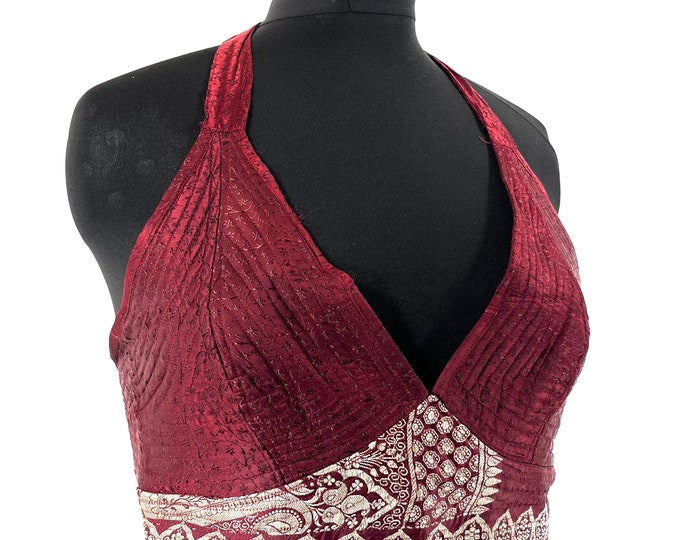 2XL Phoenix Tribal Top. New cut silk brocade halter top  Maroon and silver SKU:1026-7693