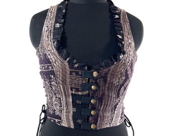UK-L Mia Waistcoat; Boho Top - Black Maroon & Silver - Vintage Silk Brocade  (SKU:2143-9679)