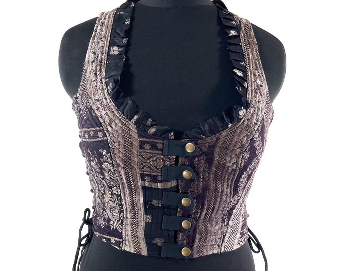 L. Mia Waistcoat; Boho Top - Black Maroon & Silver - Vintage Silk Brocade  (SKU:2143-9679)