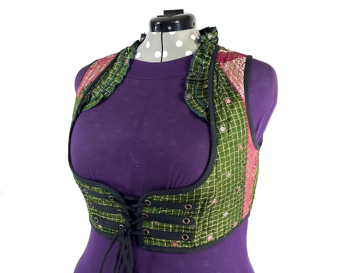 Underbust Corset Top; Ivy 4XL green & silver steampunk vest handmade in Vintage Silk Brocade (SKU:2177-10163)