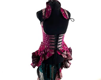 M Elisa Bustier Dress; Steampunk Under-bust Long Body Corset in Silk Brocade, (SKU:2004-10266)
