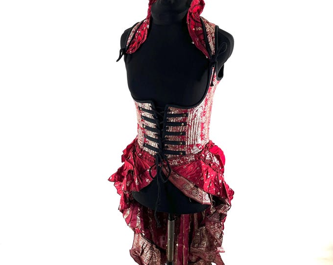S Elisa Bustier Dress; Steampunk Under-bust Long Body Corset in Silk Brocade, (SKU:2004-10261)
