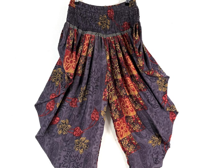 Caroline Waterfall Silk Harem Pants; Handmade One Size, Elasticated waist. Comfy yoga Eco Trousers.  SKU:860-9070