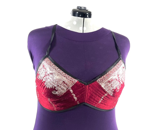 XL Gia Cross Strap Bra Top, Handmade in Vintage Silk Brocade (SKU:2164-10015)