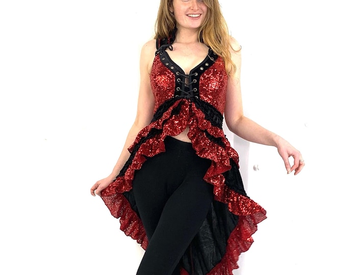Showgirl Corset Dress - Ringmaster Red with Black - Sophia Sequin & Velvet - SKU:3000