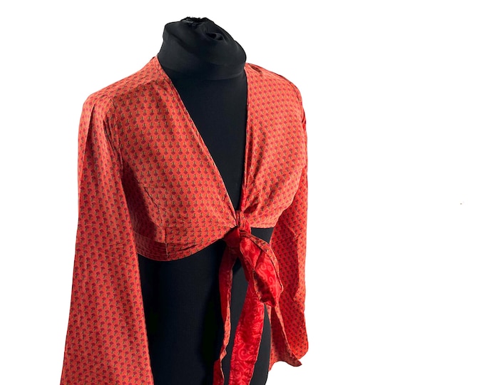 Joy Bell Sleeve Crop Top, Sari Summer Wrap, Handmade Silky, Light Hippy Style UK-S/M  (SKU:570-10310)