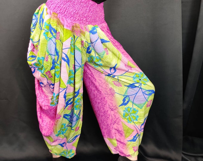 Caroline Waterfall Silk Harem Pants; One size, Elasticated waist Comfy yoga Eco Trousers in Pink & Green Floral