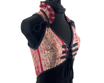 S. Fae Corset Top - Red & Silver Bra Top - Vintage Silk Brocade  (SKU:3031-9759)