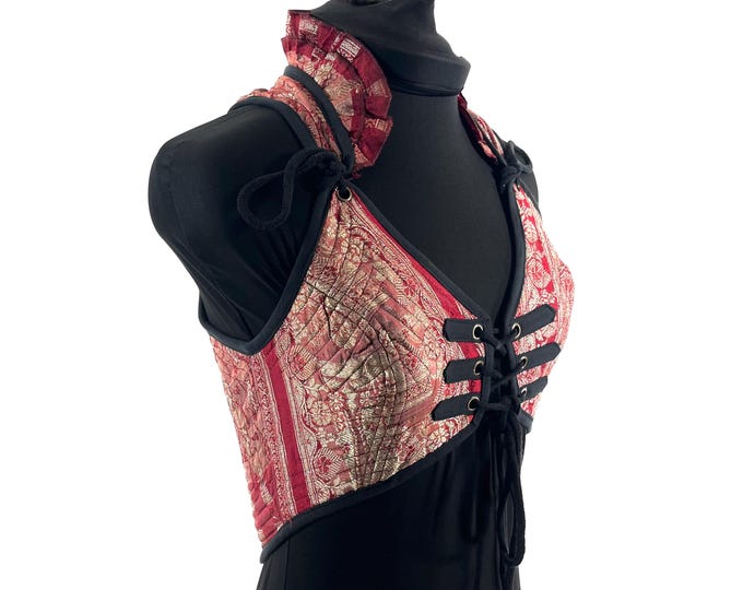 S. Fae Corset Top - Red & Silver Bra Top - Vintage Silk Brocade  (SKU:3031-9759)