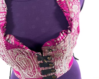4XL. Mia Waistcoat; Boho Top - Pink & Silver - Vintage Silk Brocade  (SKU:2147-9732)