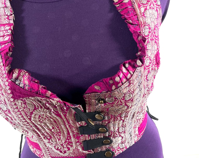 4XL. Mia Waistcoat; Boho Top - Pink & Silver - Vintage Silk Brocade  (SKU:2147-9732)