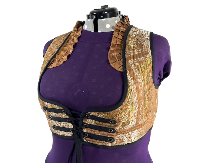 Underbust Corset Top; Ivy 5XL gold & silver steampunk vest handmade in Vintage Silk Brocade (SKU:2178-10170)