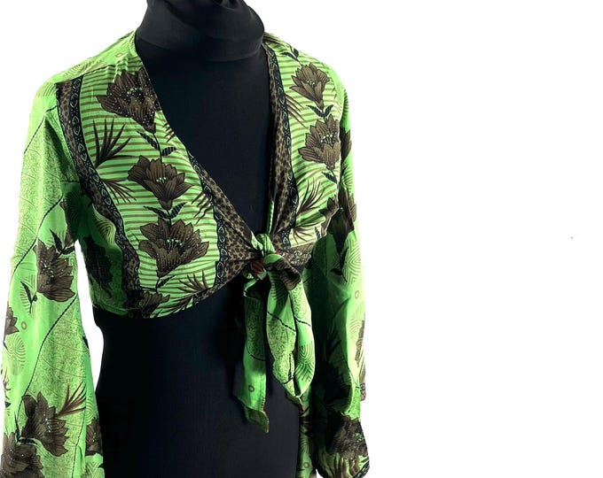 Joy Bell Sleeve Crop Top, Sari Summer Wrap, Handmade Silky, Light Hippy Style UK-S/M  (SKU:570-10318)