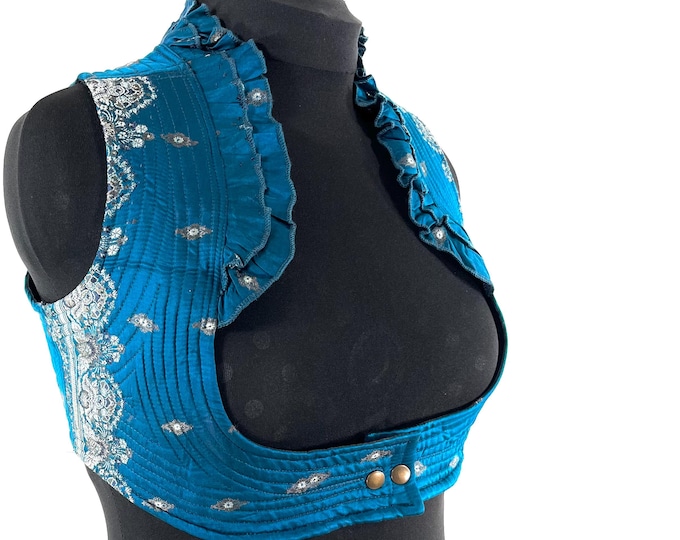 4XL. Corset Style Bustier Bra Top handmade in Vintage Silk Brocade.  Choli Plus Plus Size Laced Top  SKU:447-9379