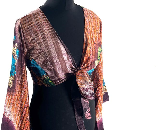 Joy Bell Sleeve Crop Top, Sari Summer Wrap, Handmade Silky, Light Hippy Style UK-L/XL (SKU:572-10333)