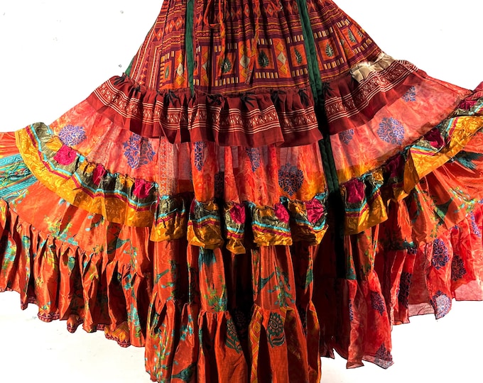 Jazmyn XL 25 Yard Skirt handmade in Vintage Summer Silk, Maxi Plus Size; (30"-60" Waist) a Boho Cottagecore skirt  SKU:737-9113