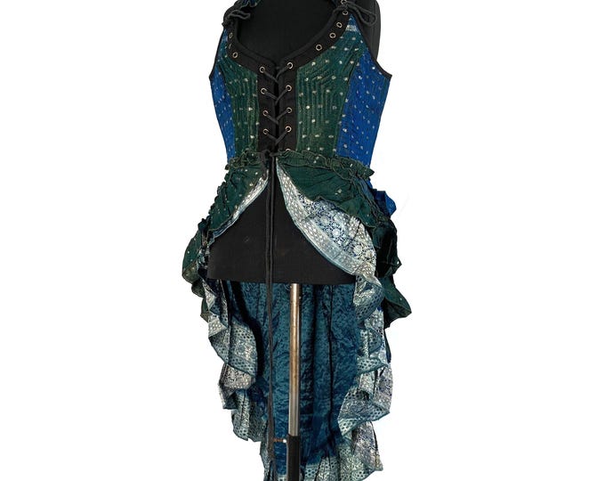 XL. Varuna Corset Dress in Silk Brocade with long body; Green blue and silver Renaissance Corset Dress.  SKU:2002-2609