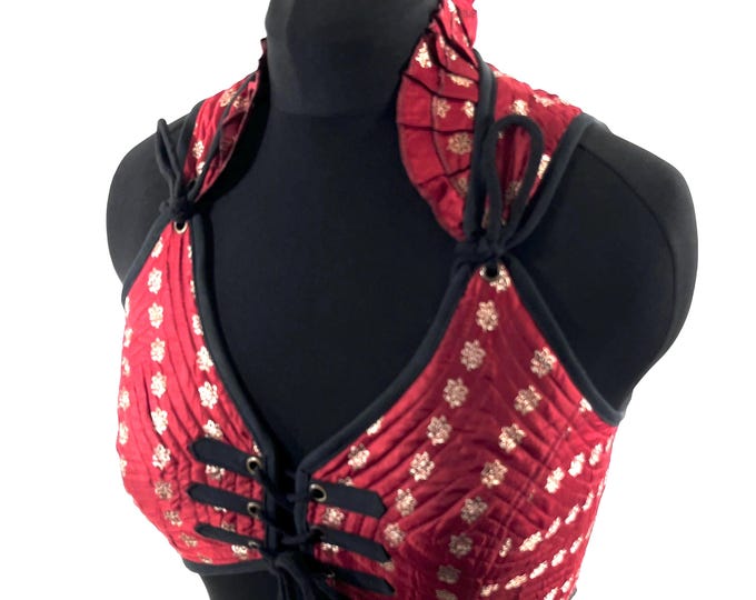 XL. Fae Corset Top - Red & Silver Bra Top - Vintage Silk Brocade  (SKU:3034-9776)