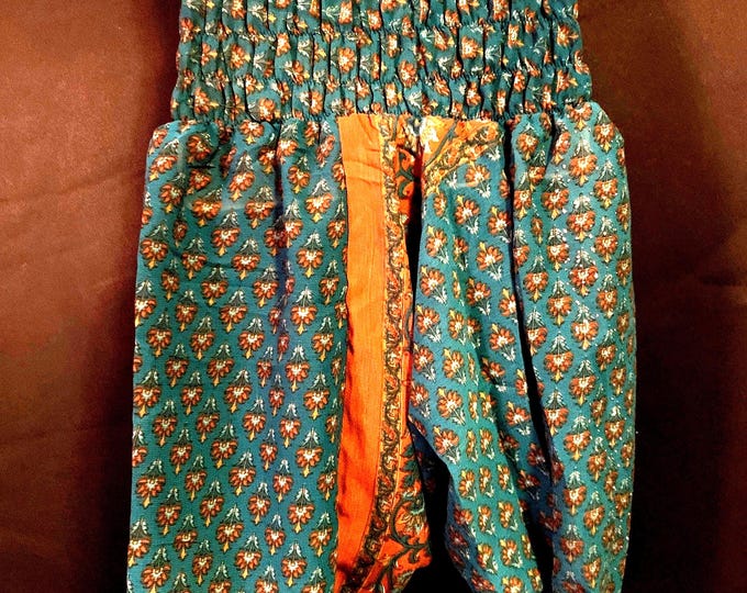 Child. Size 2 Crawler Harem Pants, Silk. Kids Drop-Crotch Trousers, Ali Baba, Afghan Pants in Green & Orange.