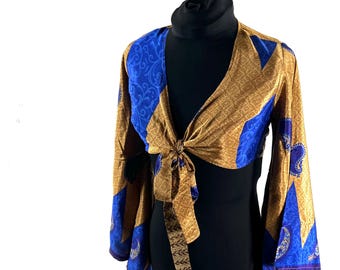 S/M Joy Bell Sleeve Crop Top, Sari Summer Wrap, Handmade Silky, Light Hippy Style (SKU:570-10302)