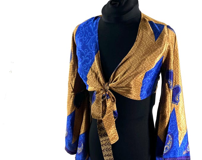 Joy Bell Sleeve Crop Top, Sari Summer Wrap, Handmade Silky, Light Hippy Style UK-S/M  (SKU:570-10302)