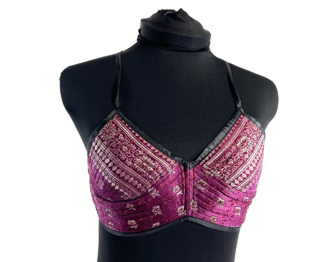 S Gia Cross Strap Bra Top, Handmade in Vintage Silk Brocade (SKU:2161-10063)