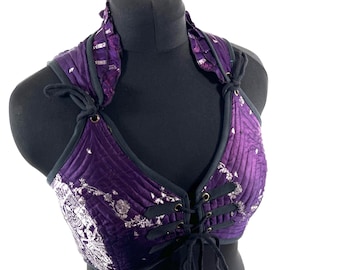 XL. Fae Corset Top - Purple & Silver Bra Top - Vintage Silk Brocade  (SKU:3034-9772)