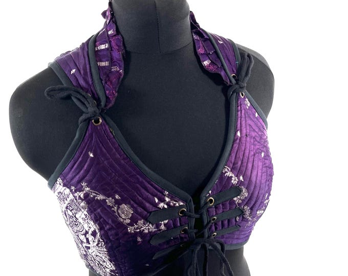XL. Fae Corset Top - Purple & Silver Bra Top - Vintage Silk Brocade  (SKU:3034-9772)