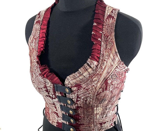 M. Mia Waistcoat; Boho Top - Red & Silver - Vintage Silk Brocade  (SKU:2142-9664)