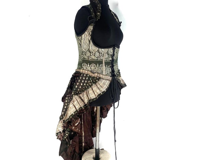 2XL Elisa Underbust Corset Dress - Long body - Green Silk Brocade (SKU:2004-4364)