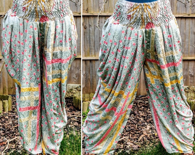 Caroline Waterfall Harem Pants. Silk. One size, Elasticated waist. Comfy yoga Eco Trousers. Silver, Sage Green, Floral Pink, Gold