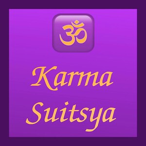May include: Purple background with a gold Om symbol in a square button. The text "Karma Suitsya" is written in gold cursive lettering.