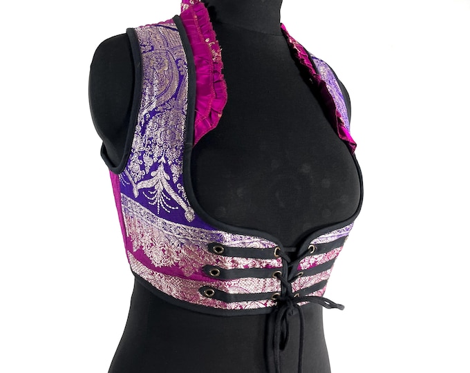 Underbust Corset Top; Ivy L Purple Pink & Silver steampunk vest handmade in Vintage Silk Brocade (SKU:2173-10125)