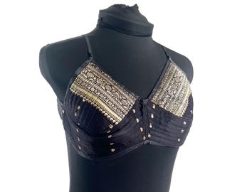 M Gia Cross Strap Bra Top, Handmade in Vintage Silk Brocade (SKU:2162-10059)