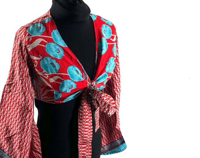 Joy Bell Sleeve Crop Top, Sari Summer Wrap, Handmade Silky, Light Hippy Style UK-S/M  (SKU:570-10315)