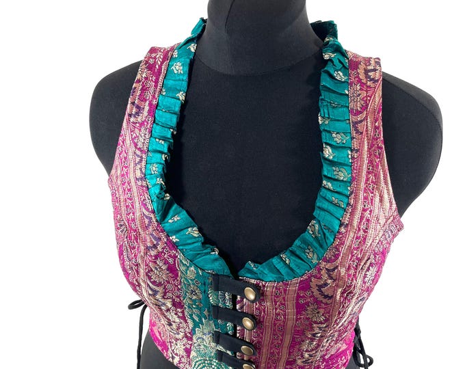 XL. Mia Waistcoat; Boho Top - Pink Aqua & Silver - Vintage Silk Brocade  (SKU:2144-9693)