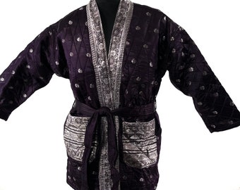 Quilted Silk Kimono Jacket XL; Vintage Brocade Robe, Generous Loose Fit, Japanese Style, Handmade.  SKU:758-7028