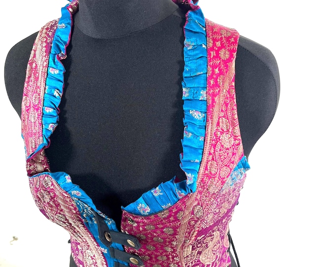 M. Mia Waistcoat; Boho Top - Pink & Blue - Vintage Silk Brocade  (SKU:2142-9666)