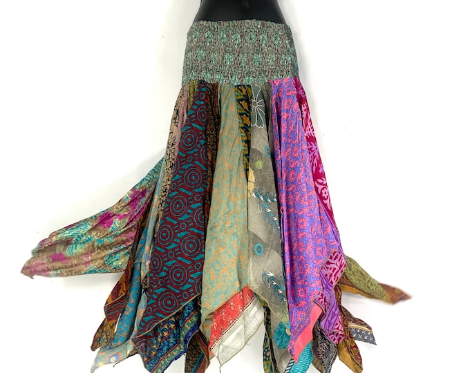 Billie Hippie Long Skirt; Patchwork Vintage Silk, Cottagecore Fairy Renfair(Harem style for comfortable fit)   SKU:747-5310