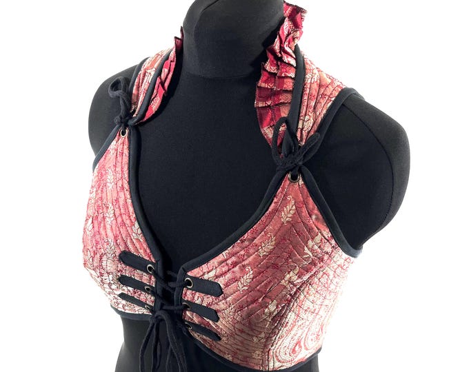 XL. Fae Corset Top - Red & Silver Bra Top - Vintage Silk Brocade  (SKU:3034-9775)