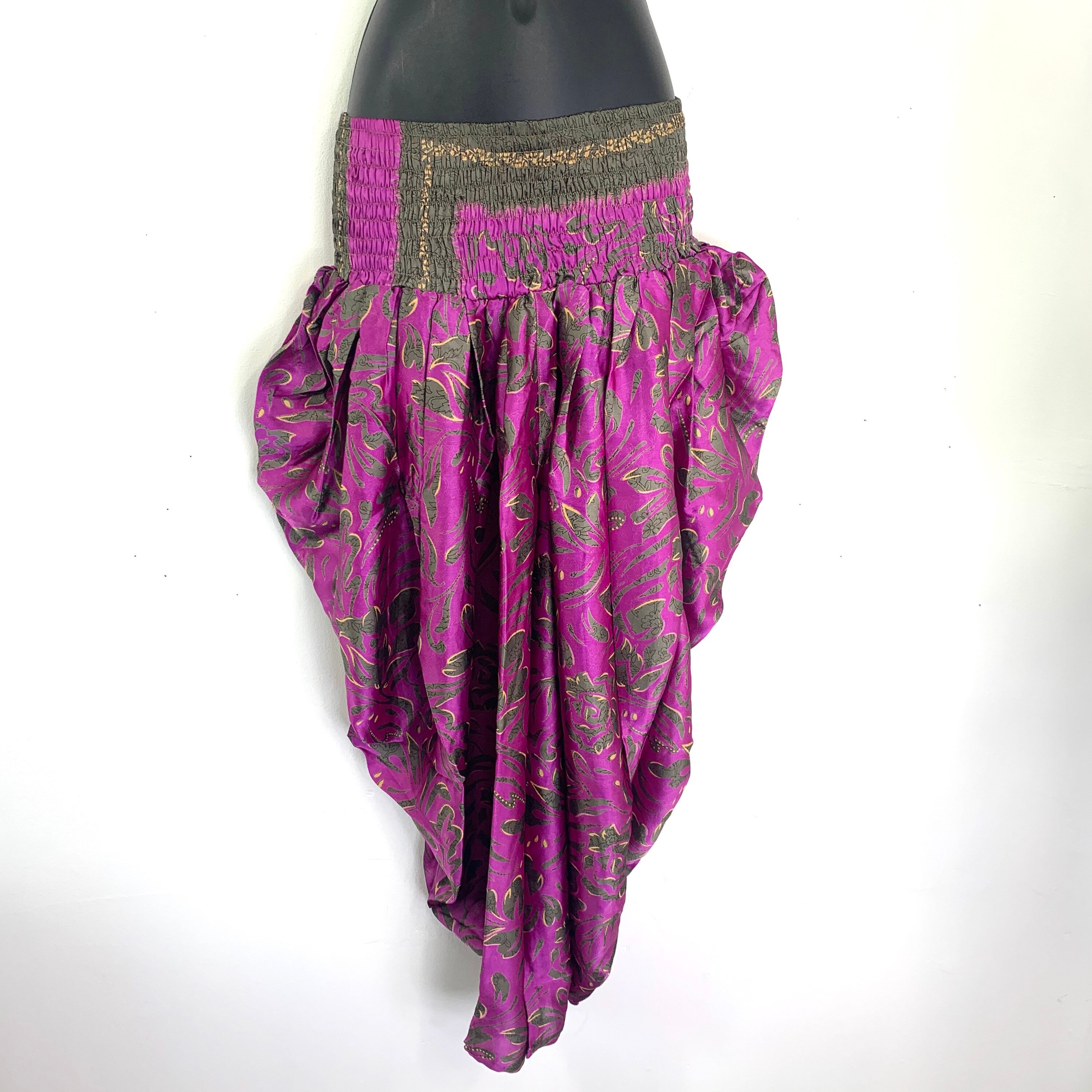 Image of Waterfall Harem Eco Trousers, Silk, Adult O/S], Purple & Bronze, Casual Pants, Elasticated, Loose, Comfortable