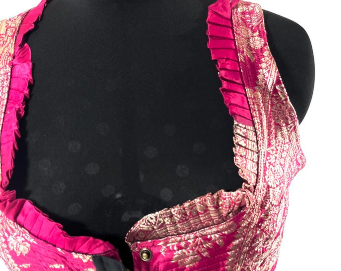 3XL. Mia Waistcoat; Boho Top - Pink & Silver - Vintage Silk Brocade  (SKU:2146-9711)