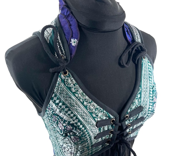 S. Fae Corset Top - Purple & Silver Bra Top - Vintage Silk Brocade  (SKU:3031-9758)