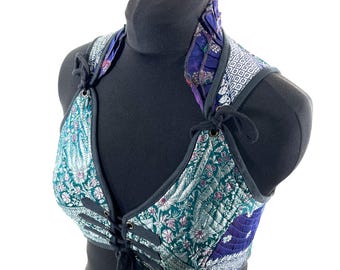 2XL. Fae Corset Top - Green & Silver Bra Top - Vintage Silk Brocade  (SKU:3035-9785)