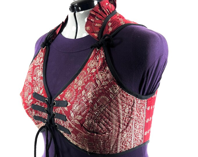 6XL. Fae Corset Top - Red & Silver Bra Top - Vintage Silk Brocade  (SKU:3039-9811)