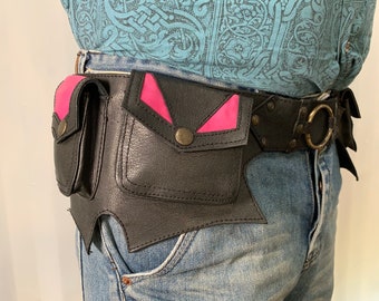 Leather Belt Bag, Black and pink. Steampunk style money belt, Pixie belt, Fanny pack