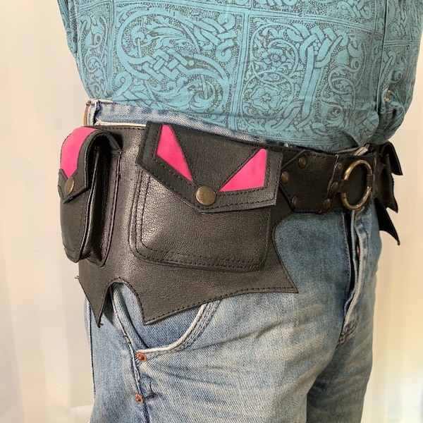 Leather Belt Bag, Black and pink. Steampunk style money belt, Pixie belt, Fanny pack