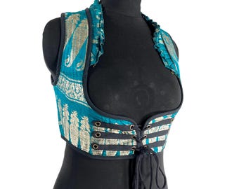 Underbust Corset Top; Ivy L Turquoise & Gold steampunk vest handmade in Vintage Silk Brocade (SKU:2173-10128)