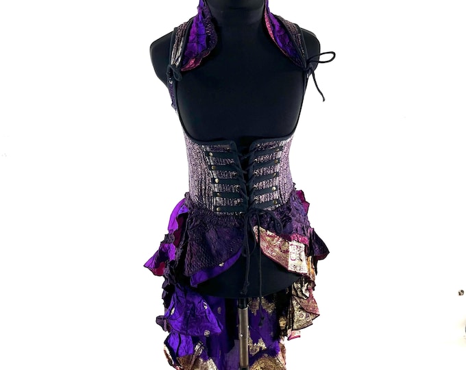 S Elisa Bustier Dress; Steampunk Under-bust Long Body Corset in Silk Brocade, (SKU:2004-10260)