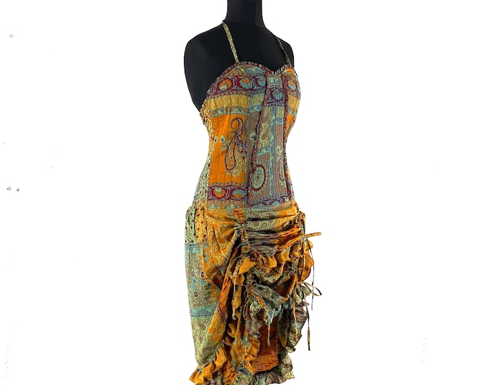 Ruby Fantasy Agni Silk SunDress; Light-weight handmade Summer Elven, Ruffle, Fairycore, Cottagecore dress.  SKU:735-9340